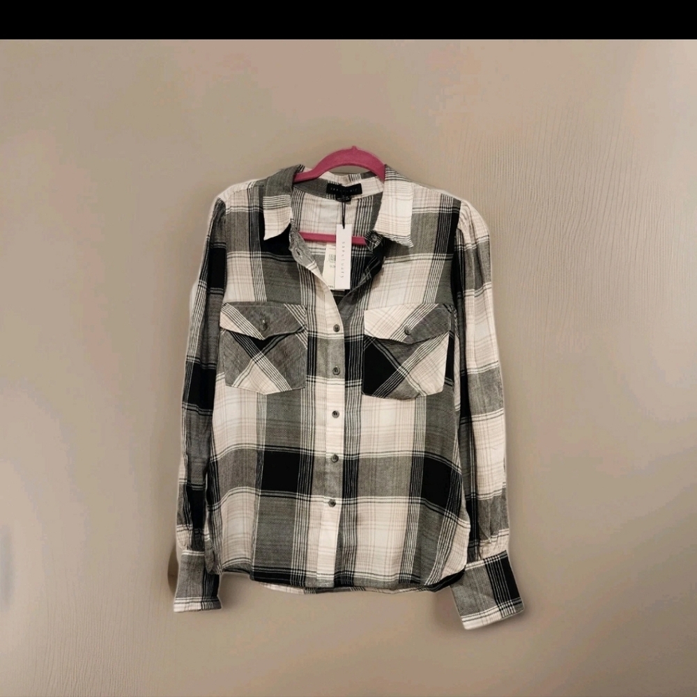 Sanctuary Women Shirt XS Black Plaid Long Sleeve Collared Y2K NWT GRUNGE